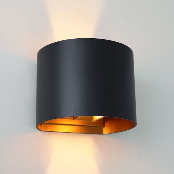 Czarny kinkiet up down ze złotym wnętrzem, Dion, 6W, 2700K LED, IP65