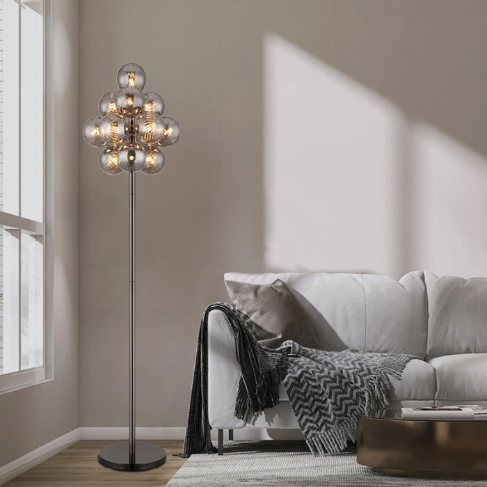 Szklana retro lampa stojąca szara, Ozan, z przełącznik