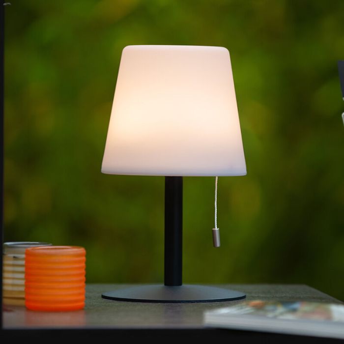 Biała akumulatorowa lampa stołowa zewnętrzna nowoczesna, Rio, 1,8W, RGB LED, IP44, z przełącznik pociągowy