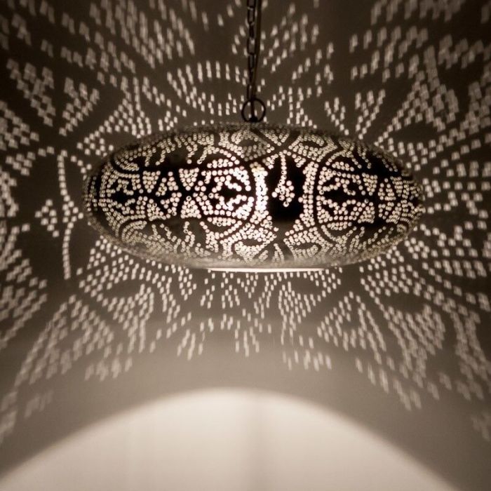 Filigranowa orientalna lampa wisząca srebrna, Zina