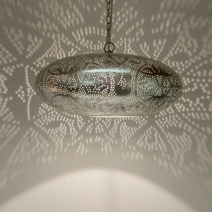 Filigranowa orientalna lampa wisząca srebrna, Zina