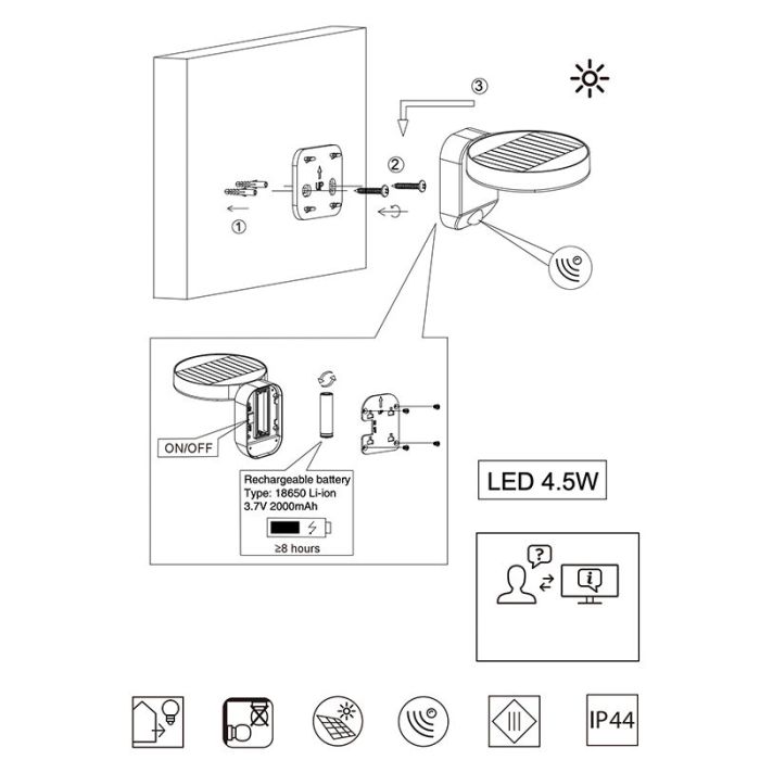 Antracytowy kinkiet zewnętrzny z czujnikiem ruchu nowoczesny, Sunny, 4,5W, 3000K LED, IP44