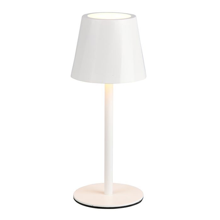 Biała lampa stołowa akumulatorowa metalowa, Priya, 1,6W, regulowana ciepła do zimnej bieli LED, ściemniana w 3 krokach