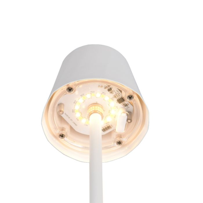 Biała lampa stołowa akumulatorowa metalowa, Priya, 1,6W, regulowana ciepła do zimnej bieli LED, ściemniana w 3 krokach